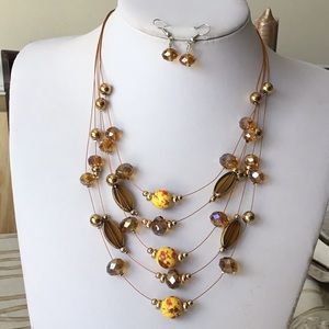 Layered yellow topaz glass bead necklace earring